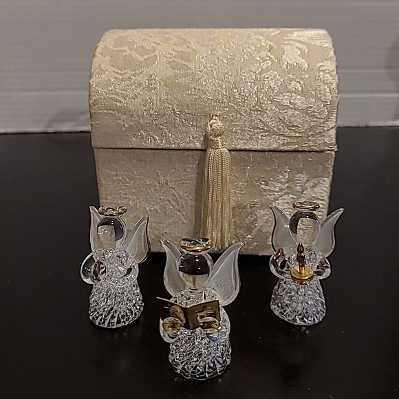 Vintage YOUR WORRY BOX Music Box, 3 Gold-Trim SPUN BLOWN GLASS ANGELS  Fur Elise - Picture 1 of 8